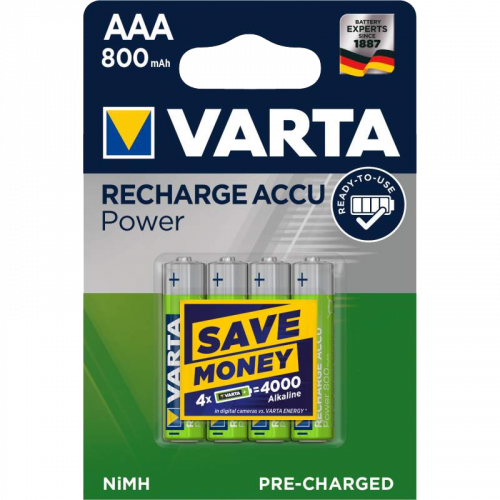 VARTA ACCU POWER rechargeables LR03/AAA - Pack de 4 Piles Alcalines 800 mAh